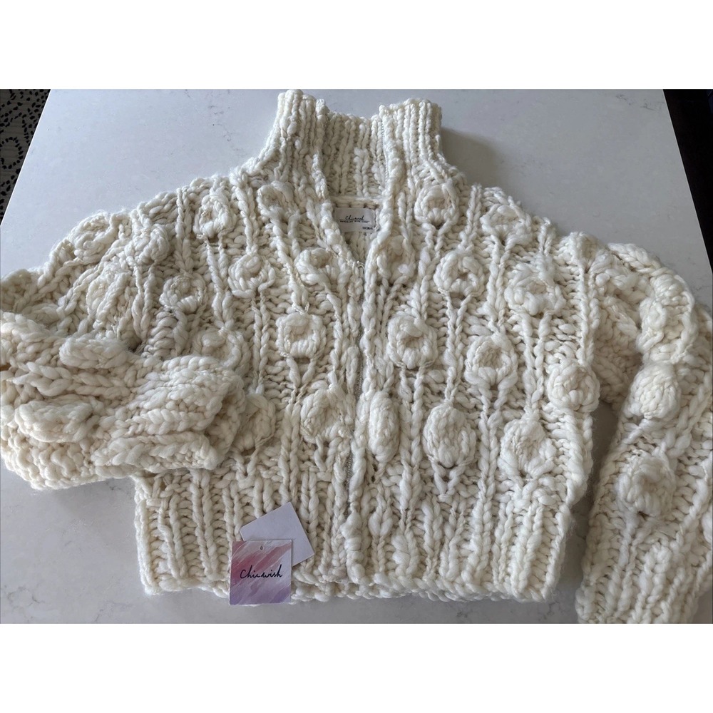 Chicwish Handmade Chunky Zip Cardigan L XL Knit Love Bobble Pom New Sweater Crop